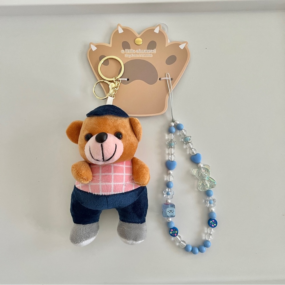 Cute Teddy Bear Plush Keychain Charm and Beads Wristlet